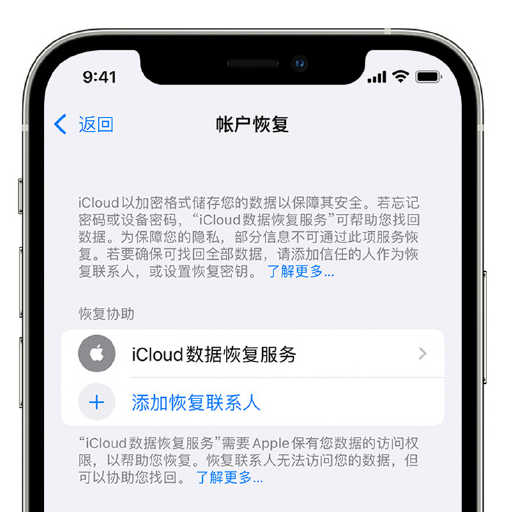 卢市镇苹果手机维修分享在 iPhone 上设置帐户恢复联系人的方法 